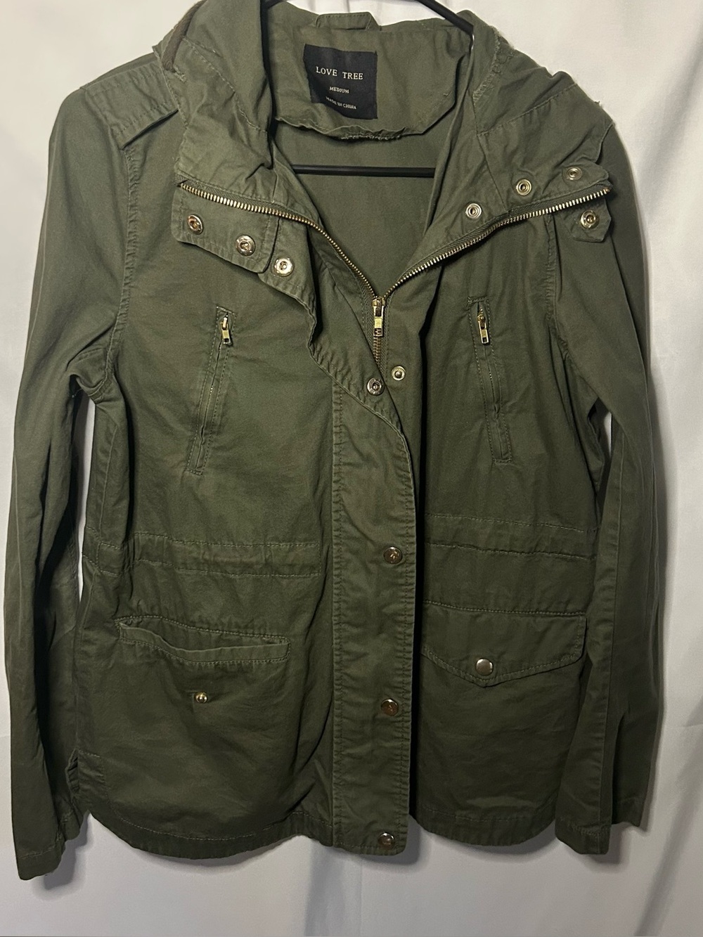 Love Tree Women's Olive Green Hooded Utility Jacket.